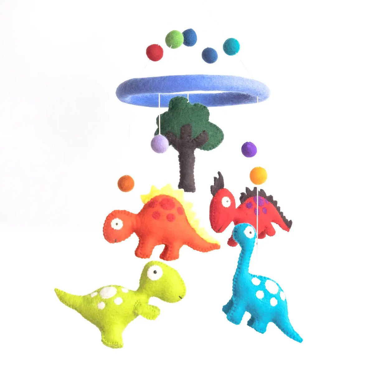 Felt Mobile | Dinosaur with colorful wool dinosaurs and tree hanging from a blue felt ring for nursery decor.