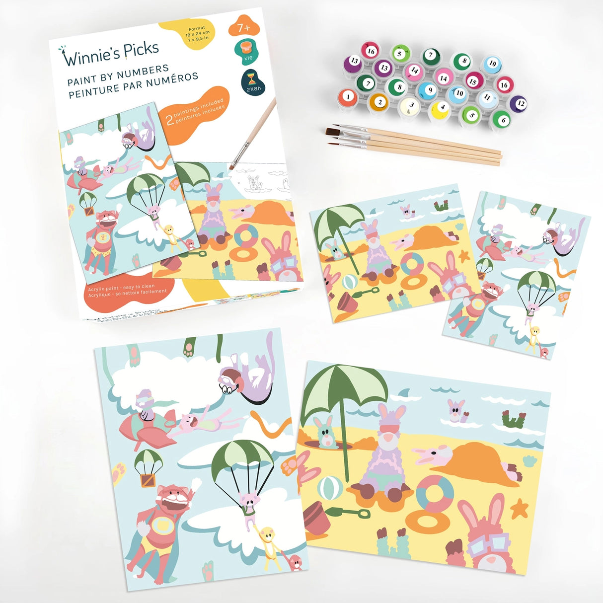 Paint By Number Cats & Llamas kit with two canvases, 16 acrylic paints, brushes, and fun cat and llama designs.