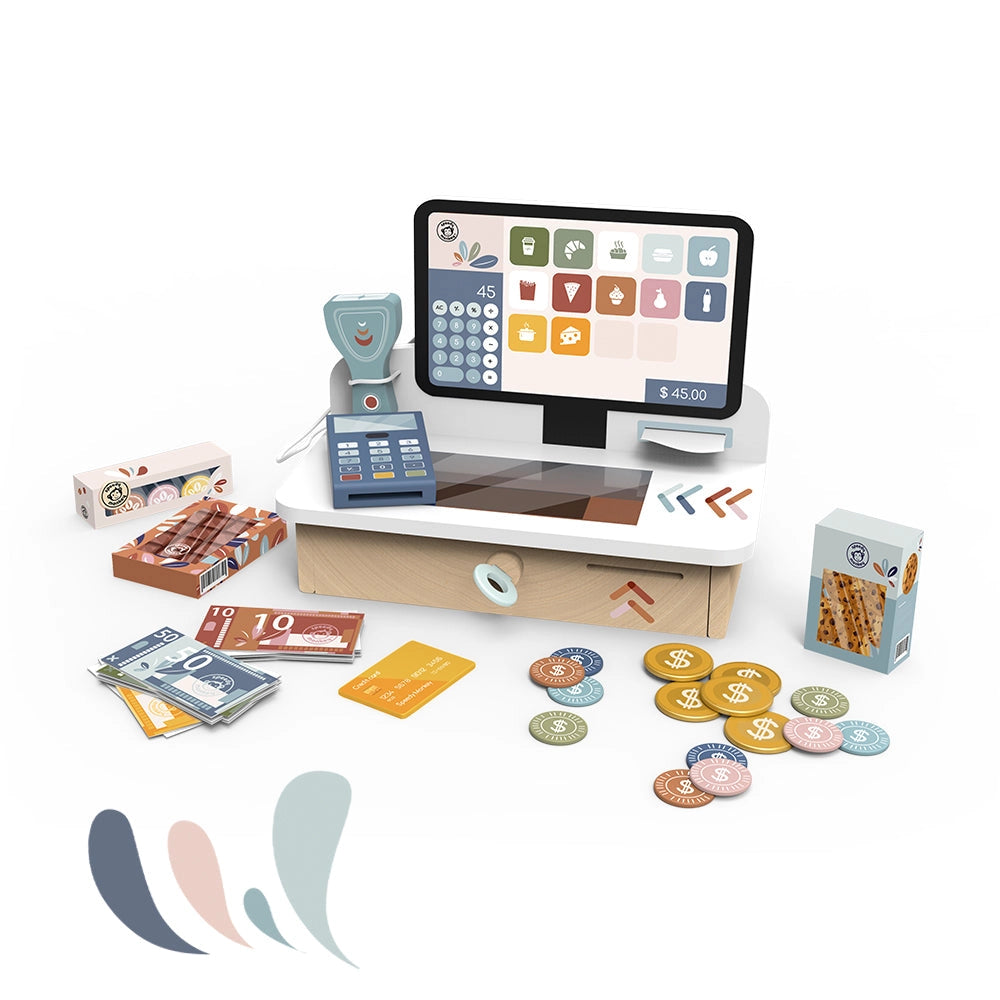 Wooden toy cash register with play money, coins, scanner, and pretend groceries for imaginative learning and counting.
