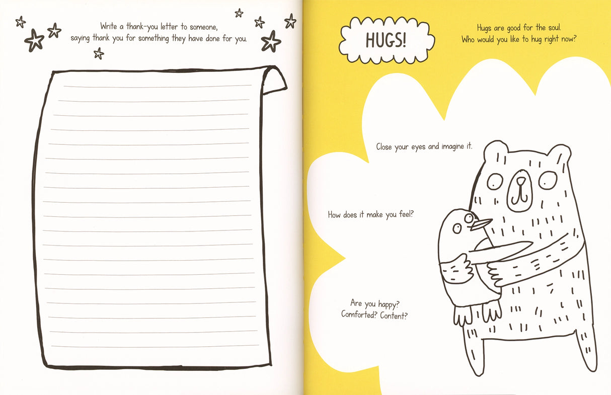 Open pages of a children’s activity book with a thank-you letter template and a hug-themed mindfulness exercise.