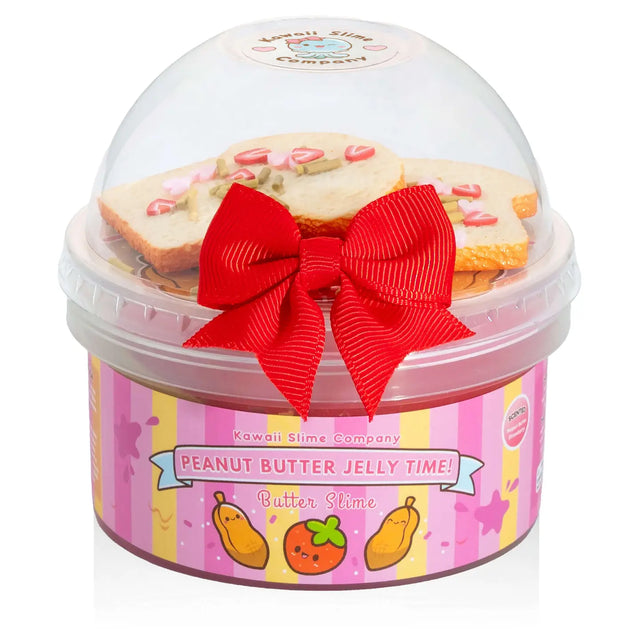 Peanut Butter Jelly Time Strawberry 2 Slimes in 1 with creamy texture and strawberry jelly ribbons in a clear container with a red bow.