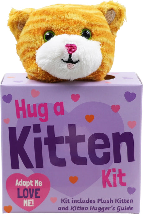 Orange striped plush kitten peeking out of a purple Hug a Kitten Kit box decorated with hearts and playful text.