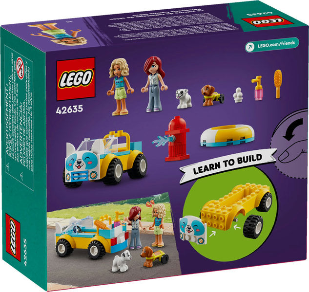 LEGO Friends Dog-Grooming Car with mini figures, dog accessories, and buildable yellow grooming vehicle for kids ages 4+