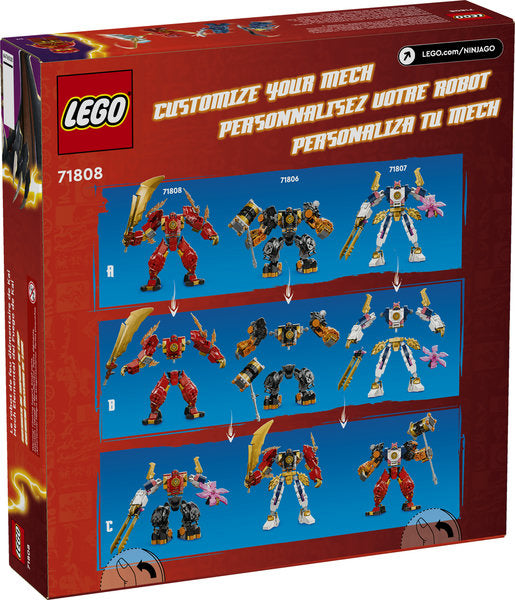 LEGO Ninjago Kai's Elemental Fire Mech set box showing customizable red fire mech with sword and minifigures.