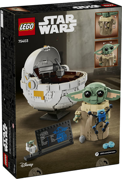 Star Wars Grogu with Hover Pram LEGO set featuring posable Grogu, hover pram, and display plaque for fans.