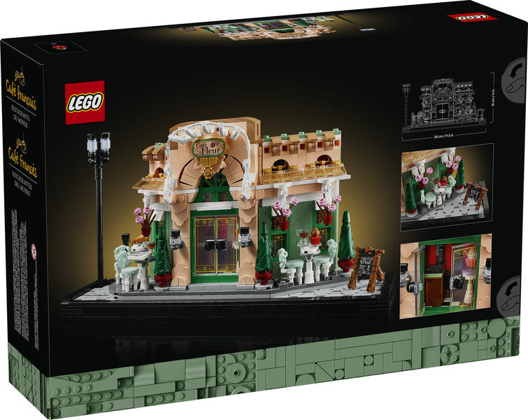 LEGO Icons French Cafe building kit showcasing a detailed French bistro facade with seating and streetlight.