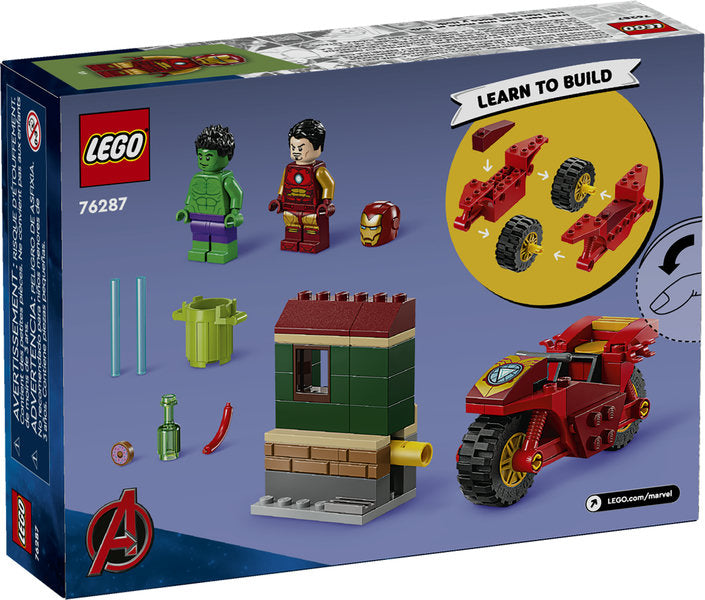 LEGO Super Heroes Marvel Iron Man with Bike and The Hulk playset featuring minifigures and buildable motorcycle and house.