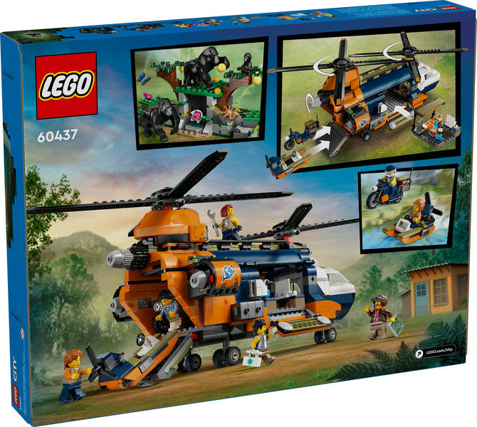 LEGO City Jungle Explorer Helicopter at Base Camp featuring helicopter, motorcycle, swamp boat, minifigures, and gorilla figures.