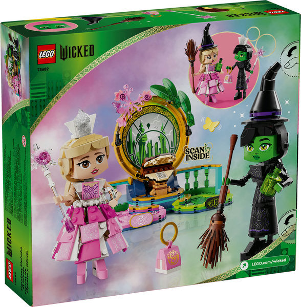 Wicked Elphaba & Glinda Figures LEGO set featuring detailed characters with broom, crown, purse, and Oz window display piece.