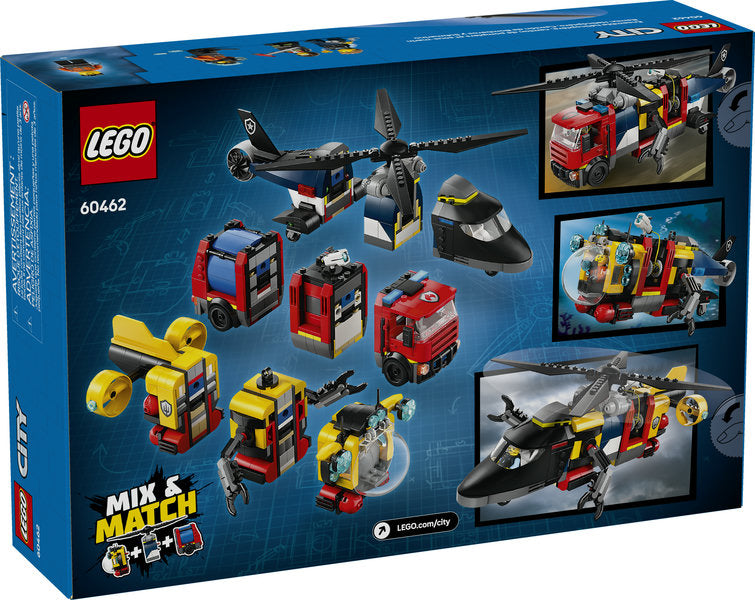 LEGO City Helicopter, Fire Truck & Submarine Remix with mixable parts and action vehicle models for kids age 7+