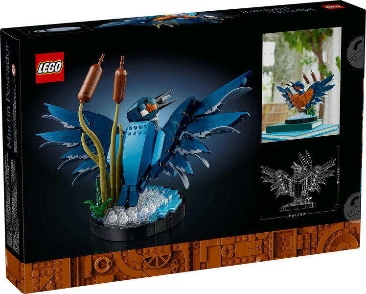 LEGO Icons Kingfisher Bird building set showing a detailed blue kingfisher emerging from water with reeds display stand.