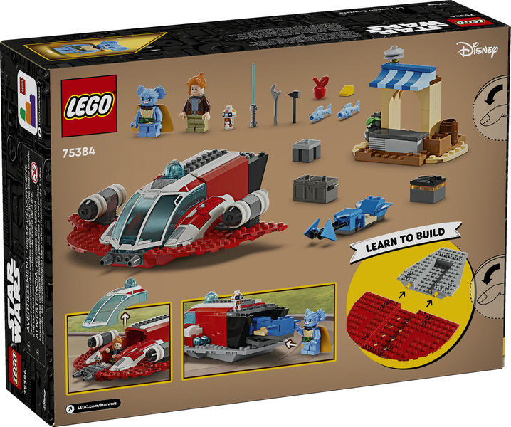 LEGO Star Wars The Crimson Firehawk set with starship, speeder bike, marketplace, and three minifigures.