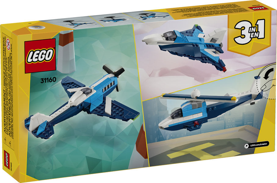 Creator Aircraft: Race Plane LEGO set featuring buildable airplane, jet, and helicopter models with moving parts and display stands.