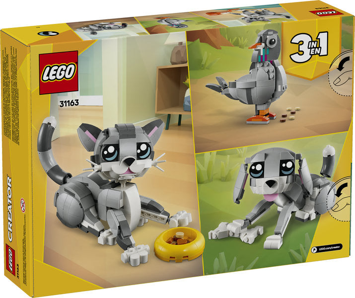 LEGO Creator Playful Cat set featuring posable cat, dog with bone, and pigeon with breadcrumbs models.
