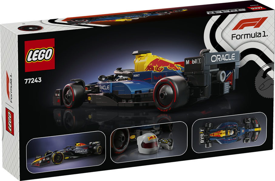 Speed Oracle Red Bull Racing LEGO set showing detailed RB20 F1 race car with cockpit, rear wing, and driver minifigure.