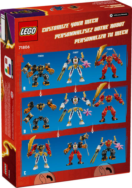 LEGO Ninjago Cole's Elemental Earth Mech box showing customizable mech builds from set 71806 with posable parts and accessories.