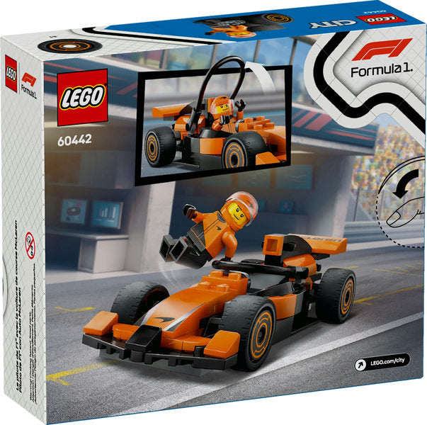 LEGO City F1 Driver with McLaren Race Car set featuring orange Formula 1 car and driver minifigure for kids aged 6 and up.