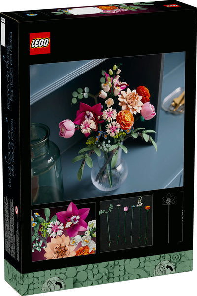 Botanicals Pretty Pink Flower Bouquet featuring 15 adjustable LEGO flower stems for custom floral decor.