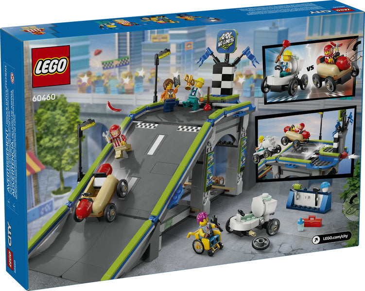 LEGO City No Limits: Race Car Ramp Track featuring a tall ramp, two quirky race cars, and four minifigures.