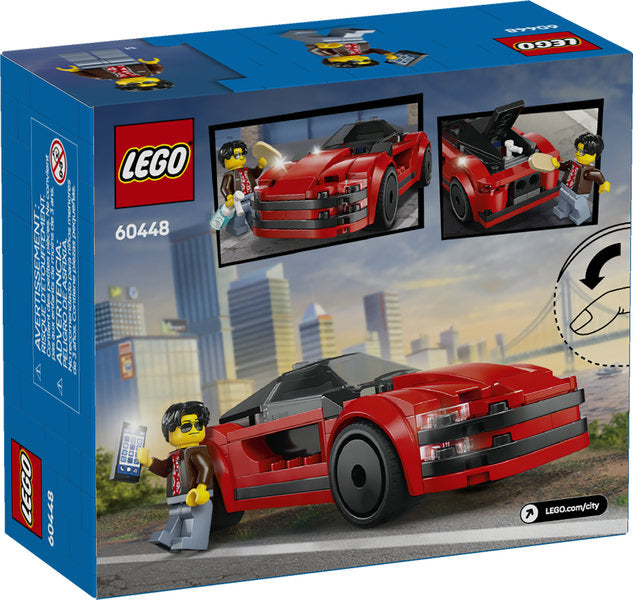 LEGO City Red Sports Car with low-profile tires, tinted cockpit, driver minifigure, and toy accessories for kids age 5+.