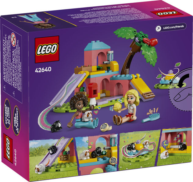 LEGO Friends Guinea Pig Playground featuring two minidolls, guinea pigs, playset with slide, merry-go-round, and accessories.