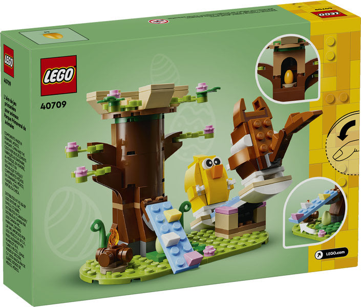 Seasons Spring Animals Playground with LEGO treehouse, squirrel, bird, ramp, and colorful Easter eggs for kids.