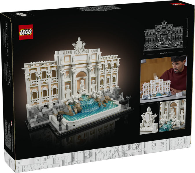 LEGO Architecture Trevi Fountain set showcasing detailed Rome landmark model with sculptures and fountain water features.