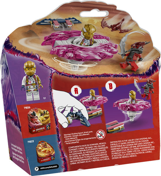 Ninjago Sora's Dragon Spinjitzu Spinner LEGO set with two minifigures, dragon spinner, and sword accessories.