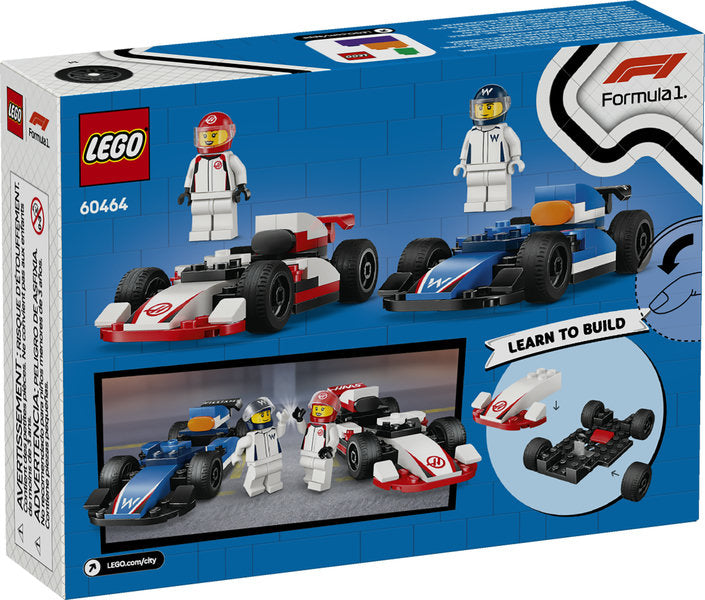 City F1 Williams Racing & Haas F1 Race Cars LEGO set featuring two Formula 1 race cars and driver minifigures.