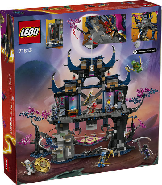 Ninjago Wolf Mask Shadow Dojo building kit with minifigures, traps, courtyard, weapons, and zip lines for ninja combat play.