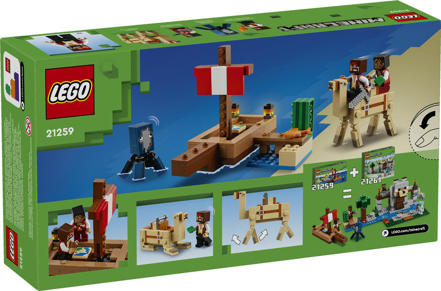 LEGO Minecraft The Pirate Ship Voyage set featuring pirate ship, squid, camel with 2 pirates, and accessories for imaginative play.