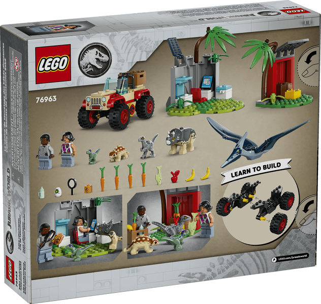 LEGO Jurassic World Baby Dinosaur Rescue Center with minifigures, baby dinosaurs, vehicle, and buildable research area set