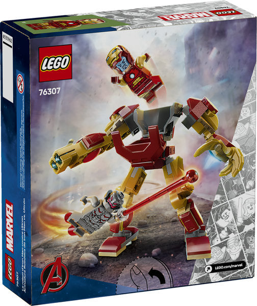 Super Heroes Marvel Iron Man Mech vs Ultron LEGO set with Iron Man and Ultron minifigures in battle pose.