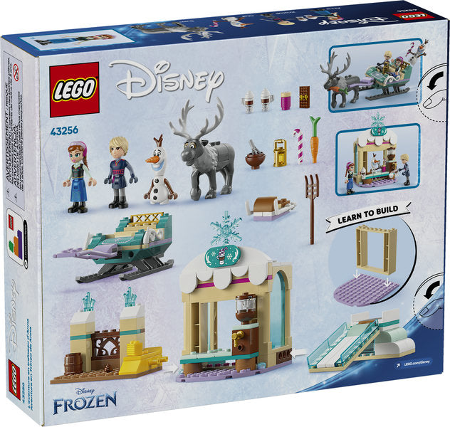 LEGO Disney Princess Anna's Sleigh Adventure building set with Anna, Kristoff, Olaf, Sven, sleigh, and Olaf's hot chocolate stand.