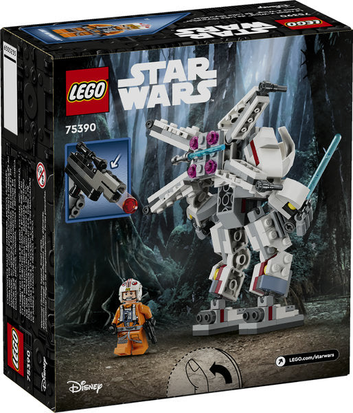 LEGO Star Wars Luke Skywalker X-Wing Mech with posable limbs, lightsaber, stud-shooting blaster, and pilot minifigure.