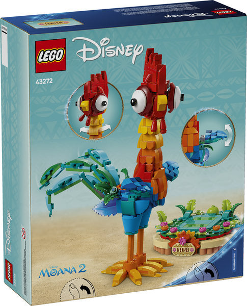 Disney Princess Heihei LEGO buildable model with posable wings, rotating head, and decorative stand from Moana 2.