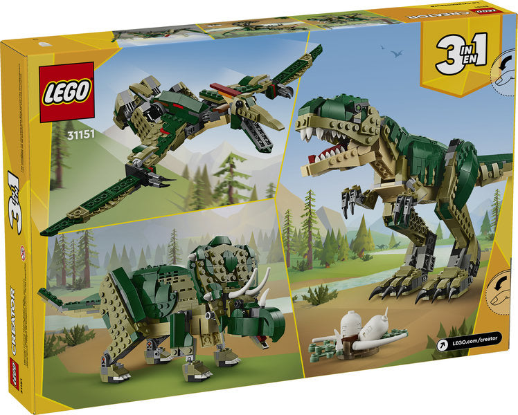 Creator T. rex LEGO set featuring a movable T. rex, triceratops, and pterodactyl for imaginative play.