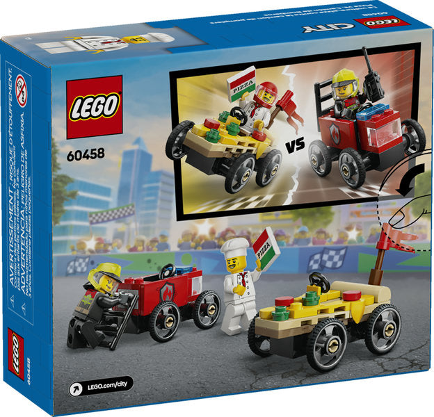 City Pizza vs Fire Truck Race Cars LEGO set with 2 race cars and minifigures for kids' urban racing fun.