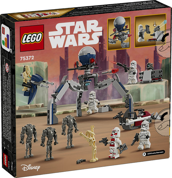 LEGO Star Wars Clone Trooper & Battle Droid Battle Pack featuring minifigures, speeder bike, STAP, and tri-droid with shooters.