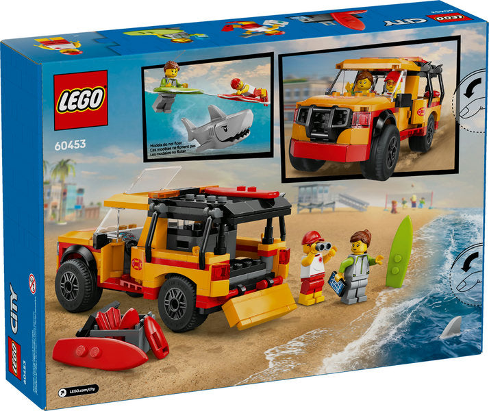 LEGO City Lifeguard Beach Rescue Truck with lifeguard, surfer minifigures, surfboards, and shark for beach rescue play.