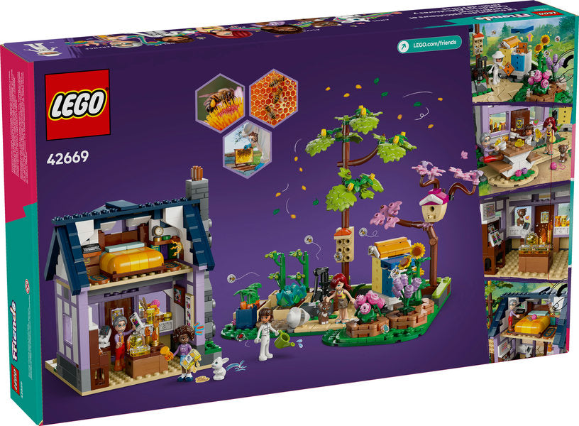 LEGO Friends Beekeepers' House and Flower Garden set featuring beehives, flowers, garden accessories, and detailed house scenes.