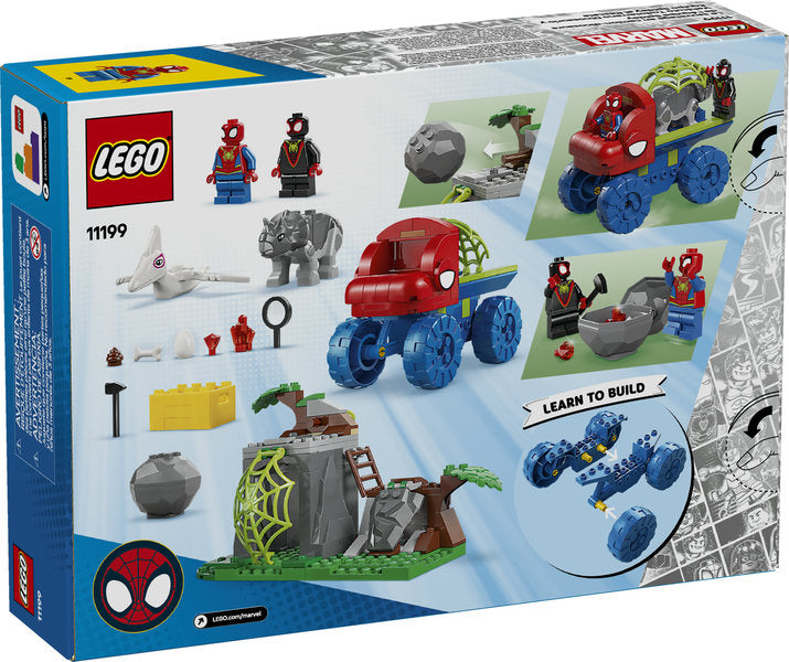 LEGO Spidey Team Spidey Dino Crawler Rescue with minifigures, buildable dino figures, and Dino Crawler truck playset.
