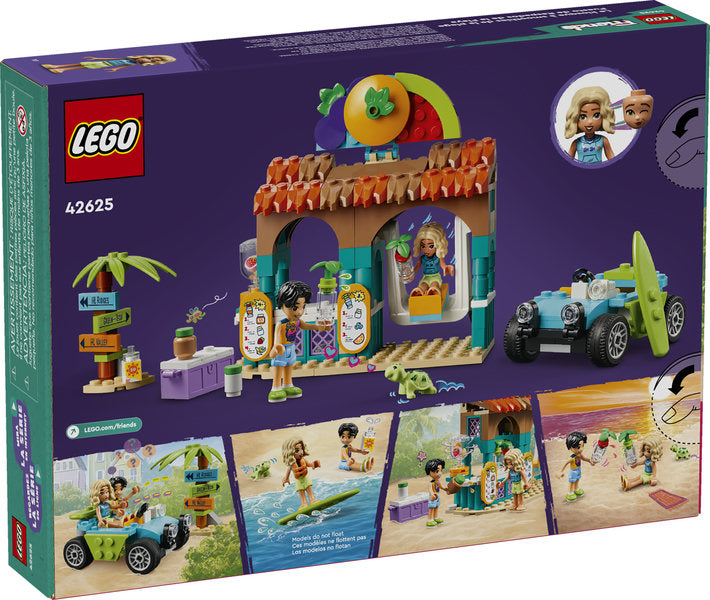 LEGO Friends Beach Smoothie Stand with mini dolls, smoothie bar, beach buggy, and accessories for creative play.