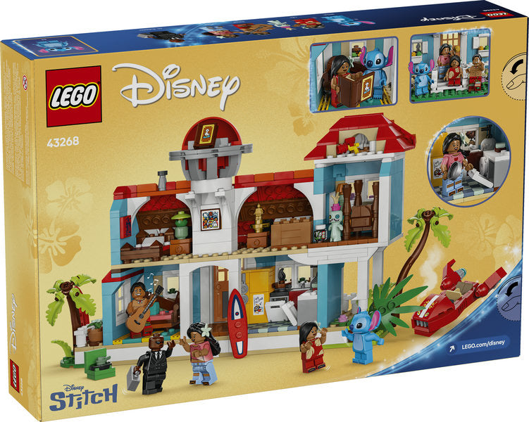 Disney Lilo & Stitch Beach House LEGO set with 2-level model, minifigures, surfboards, and detailed beach house scenes.