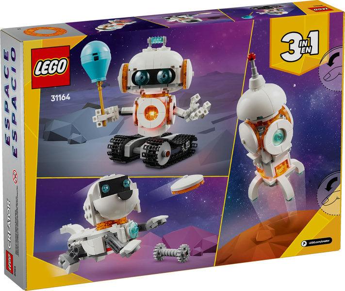 LEGO Creator Space Robot set featuring buildable robot, space dog, and rocket models with light brick effects.