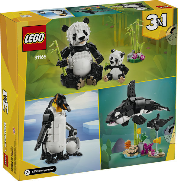 Creator Wild Animals: Panda Family LEGO set showing posable panda, cub, orca, calf, penguin, and chick models with accessories.