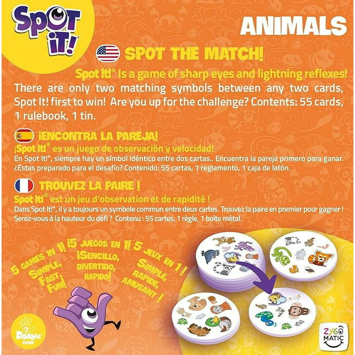 Spot it game box showing cards with colorful animal symbols for a fast-paced matching game suitable for children.