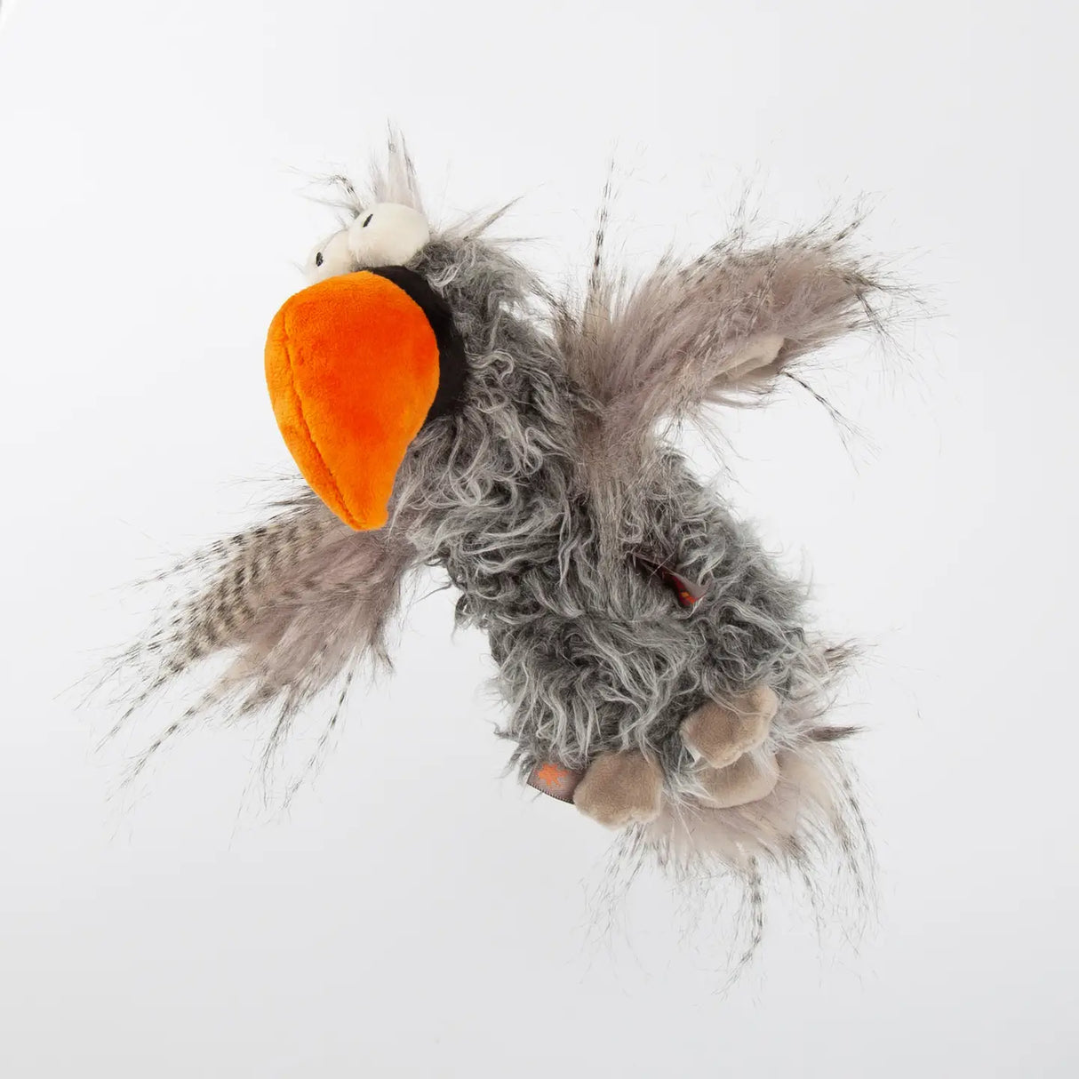 Bird Slow Flyer plush toy with soft gray wings and bright orange beak, perfect for children aged 3 and up.
