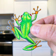 Cute Red-Eyed Tree Frog Sticker showing a vibrant frog climbing, durable and waterproof vinyl design perfect for laptops and bottles.