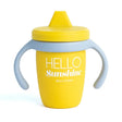 Happy Sippy Cup | Hello Sunshine yellow silicone sippy cup with gray handles and spill-proof lid for toddlers.